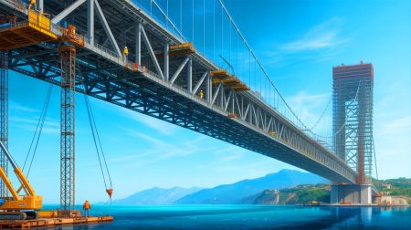 Illustration de la construction du plus long pont suspendu du monde reliant la Sicile au continent italien (création par IA, non réaliste). Crédit : Ideogram
