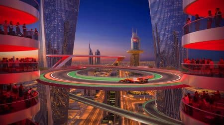 Illustration de l'imposant circuit futuriste de Qiddiya avec sa courbe de 70 mètres de haut