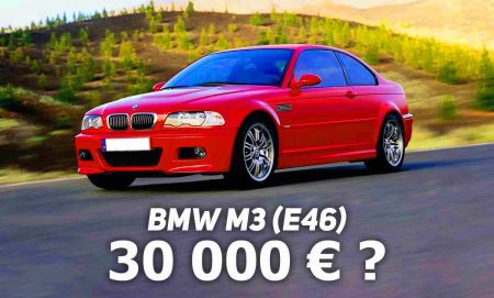 Illustration de la BMW M3 E46 sur une route de montagne pittoresque.