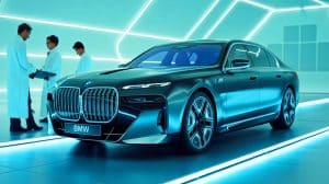 Illustration de l'i7 M70 de BMW avec batteries à l'état solide sur une route pittoresque