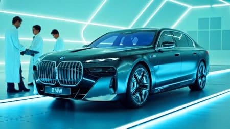 Illustration de l'i7 M70 de BMW avec batteries à l'état solide sur une route pittoresque