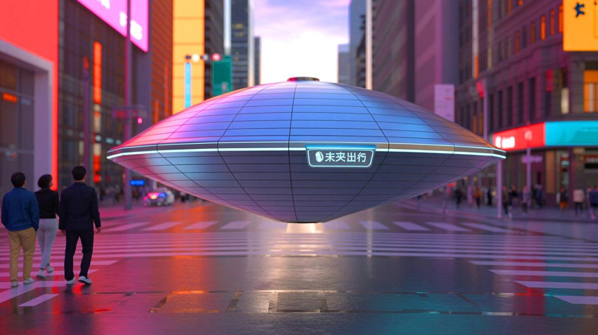 Illustration de la Changan EH216-S, voiture volante autonome au-dessus d'une ville animée