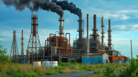 Illustration de sites industriels vétustes avec des installations vieillissantes et des travailleurs en inspection