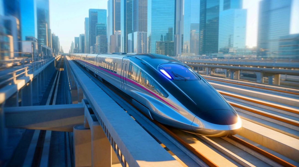 Illustration de la vitesse et de l'innovation du train Maglev (création par IA, non réaliste). Crédit : Ideogram