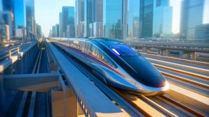 Illustration de la vitesse et de l'innovation du train Maglev (création par IA, non réaliste). Crédit : Ideogram