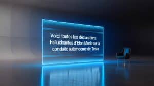 Illustration de véhicules Tesla Model Y autonomes naviguant dans une ville futuriste