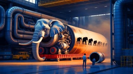 Illustration de l'imposant moteur RTA96-C en action dans une salle des machines maritime