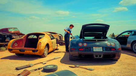 « 15 500 € chez Bugatti, 2 € pour lui » : il répare sa Bugatti avec des pièces d’une Seat trouvées en casse, un coup de génie Illustration de la réparation d'une Bugatti Veyron dans un garage haut de gamme avec un petit composant automobile en focus.