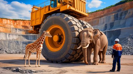 Illustration de Bridgestone dévoilant le plus grand pneu du monde. Image réalisée par IA.