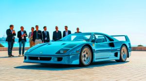 Illustration de la Ferrari F40 "Blue Chip" avec sa peinture Azzurro Hyperion et ses modifications uniques.