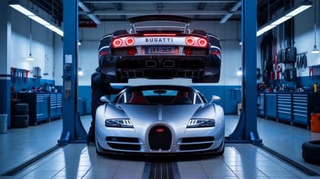 Changer l’huile d’une Bugatti Veyron coûte 21 000 € : une opération aussi longue qu’extrême dévoilée en vidéo Illustration de l'entretien complexe d'une Bugatti Veyron impliquant un changement d'huile.