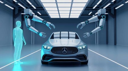 Illustration de l'intégration de robots humanoïdes dans les usines de production Mercedes