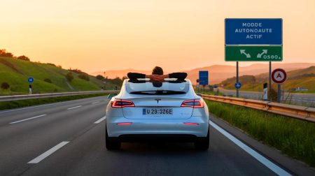 Illustration de la conduite autonome de Tesla sur une rue européenne.