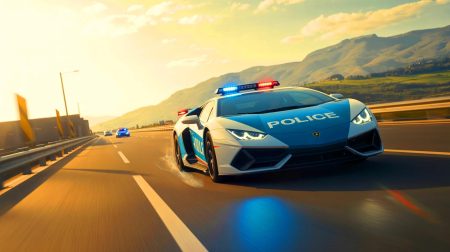 Illustration de la Lamborghini Huracán de la police italienne en pleine mission de transport d'organe urgente.