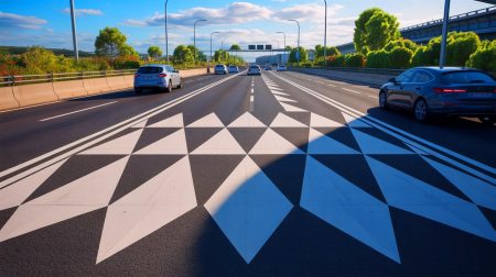 Illustration de l'effet visuel des dents du dragon sur une route. Image réalisée par IA.