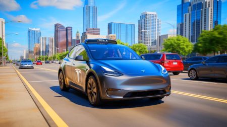 Illustration de la première apparition du robotaxi sans conducteur de Tesla dans les rues d'Austin. Image réalisée par IA.
