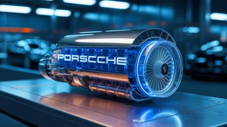 Illustration de l'innovation de Porsche avec un moteur à hydrogène futuriste