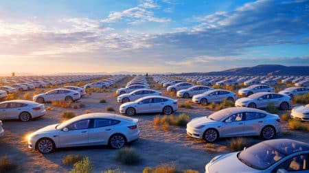 Illustration de centaines de Tesla neuves stockées dans un centre commercial abandonné du Missouri