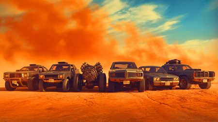 Illustration de véhicules emblématiques et ingénieux du film Mad Max Fury Road. Image réalisée par IA.