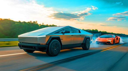 Illustration de la course entre le Tesla Cybertruck et la Lamborghini Revuelto