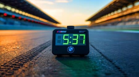 Illustration de la BMW M3 électrique en pleine vitesse sur le circuit du Nürburgring