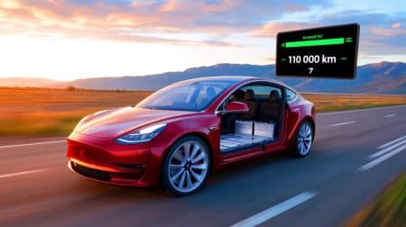 Illustration de l'évaluation de l'état de santé de la batterie d'une Tesla Model 3 d'occasion. Image réalisée par IA.