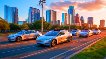 Illustration de Robotaxis Tesla circulant dans les rues d'Austin. Image réalisée par IA.