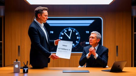 Illustration de la confrontation technologique entre Elon Musk et Tim Cook concernant la connectivité satellitaire des iPhones.