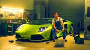 Illustration de la Lamborghini Murciélago en panne sur le bord de la route lors d'un trajet vers un rassemblement automobile