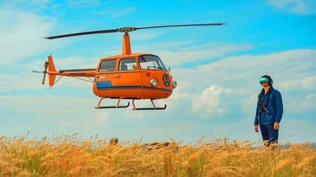 Illustration de l'Hippiecopter, fusion d'un Combi Volkswagen et d'un hélicoptère Airbus.