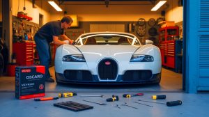 Illustration de propriétaires de Bugatti Veyron explorant le bricolage pour l'entretien de leur supercar. Image réalisée par IA.