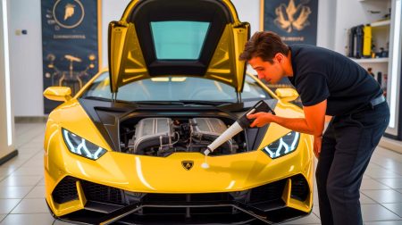 Illustration de la réparation d'une Lamborghini Huracan avec des dommages mécaniques importants.