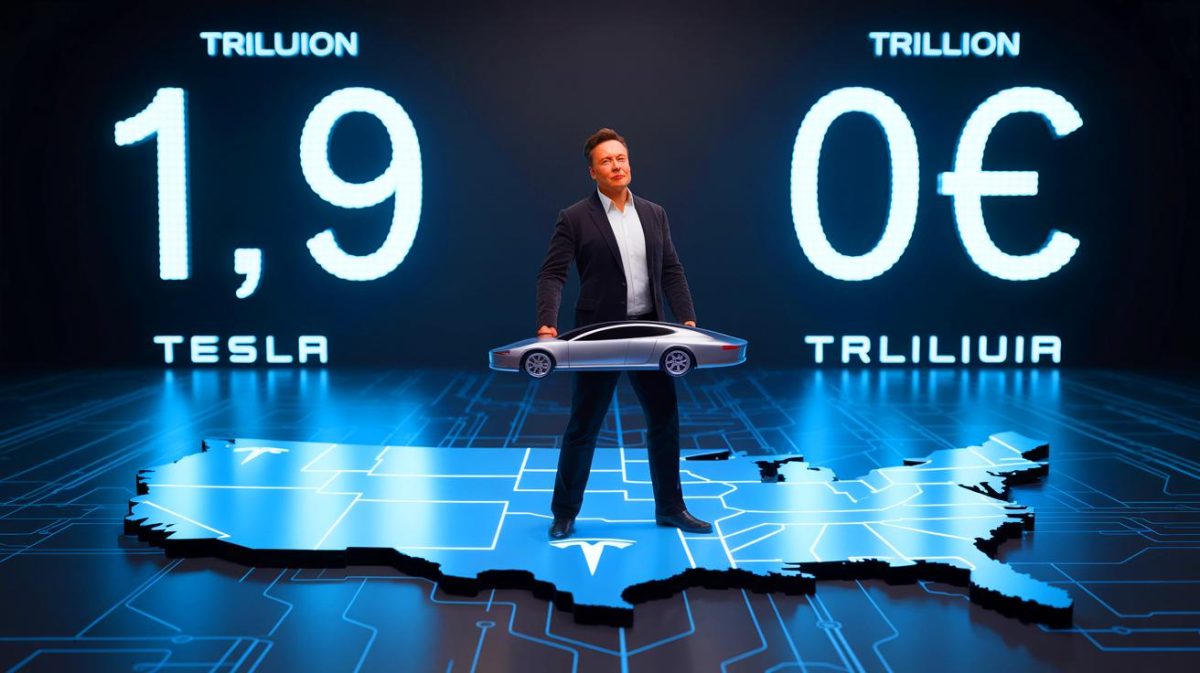 Illustration de l'ambition de Tesla d'atteindre une capitalisation boursière de 1,9 trillion d'euros grâce à l'innovation technologique. Image réalisée par IA.
