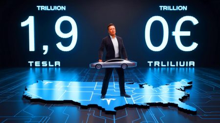 Illustration de l'ambition de Tesla d'atteindre une capitalisation boursière de 1,9 trillion d'euros grâce à l'innovation technologique. Image réalisée par IA.