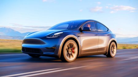 Illustration de la Tesla Model Y Juniper 2025 démontrant ses performances à faible niveau de batterie. Image réalisée par IA.