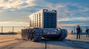 Illustration de la résistance d'une batterie de véhicule électrique sous le poids d'un char de 36 tonnes.