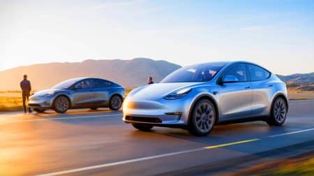 Illustration de la Tesla Model Y compacte en essai sur la piste de Fremont. Image réalisée par IA.