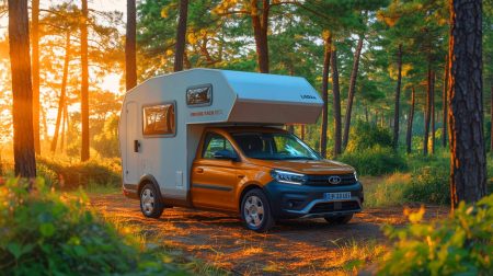 Illustration de l'aménagement compact et innovant du camping-car Lada-Granta en pleine nature