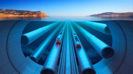 Illustration de la future connexion ferroviaire sous le détroit de Gibraltar entre le Maroc et l'Espagne. Image réalisée par IA.