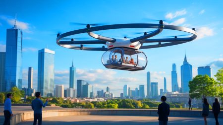 Illustration de l'énorme drone cargo CH-YH1000 en vol au-dessus d'un paysage montagneux et reculé.