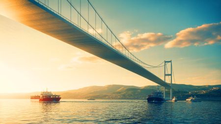 Illustration de la traversée du 1915 Çanakkale Bridge en Turquie, mettant en avant sa structure impressionnante.