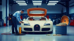 Illustration de l'entretien complexe d'une Bugatti Veyron, mettant en avant la vidange d'huile. Image réalisée par IA.