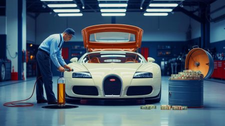 Illustration de l'entretien complexe d'une Bugatti Veyron, mettant en avant la vidange d'huile. Image réalisée par IA.