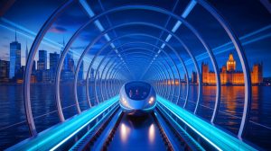 Illustration de la vision futuriste d'un tunnel sous-marin reliant Londres à New York