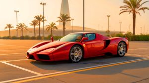 Illustration de la Ferrari Enzo abandonnée sur un parking d'aéroport à Dubaï.