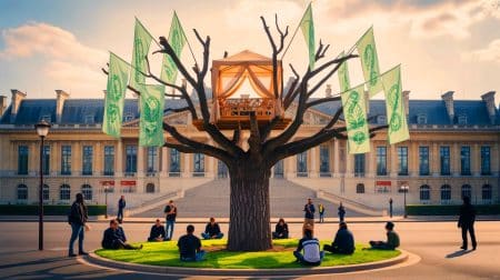 Illustration de militants écologistes grimpant dans un platane près de l'Assemblée nationale pour protester contre la loi de validation de l'A69.
