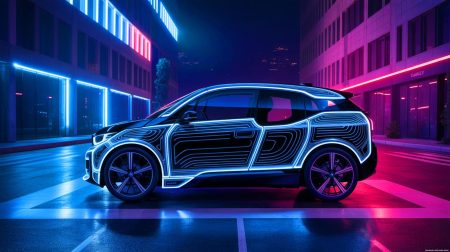 Illustration de prototypes camouflés des BMW iX3 et i3 dans un showroom moderne