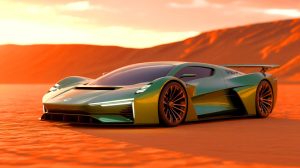 Illustration de l'hypercar électrique Sandstorm d'Ararkis Automobili en pleine vitesse sur un circuit moderne