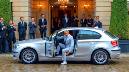 Illustration de Fabien Pinckaers conduisant une BMW Série 1 de 2011, symbolisant sa vie simple et modeste.