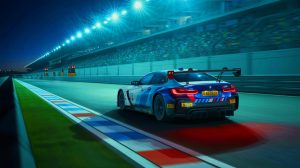 Illustration de la BMW M Hybrid V8 en compétition lors des 24 Heures du Mans. Image réalisée par IA.